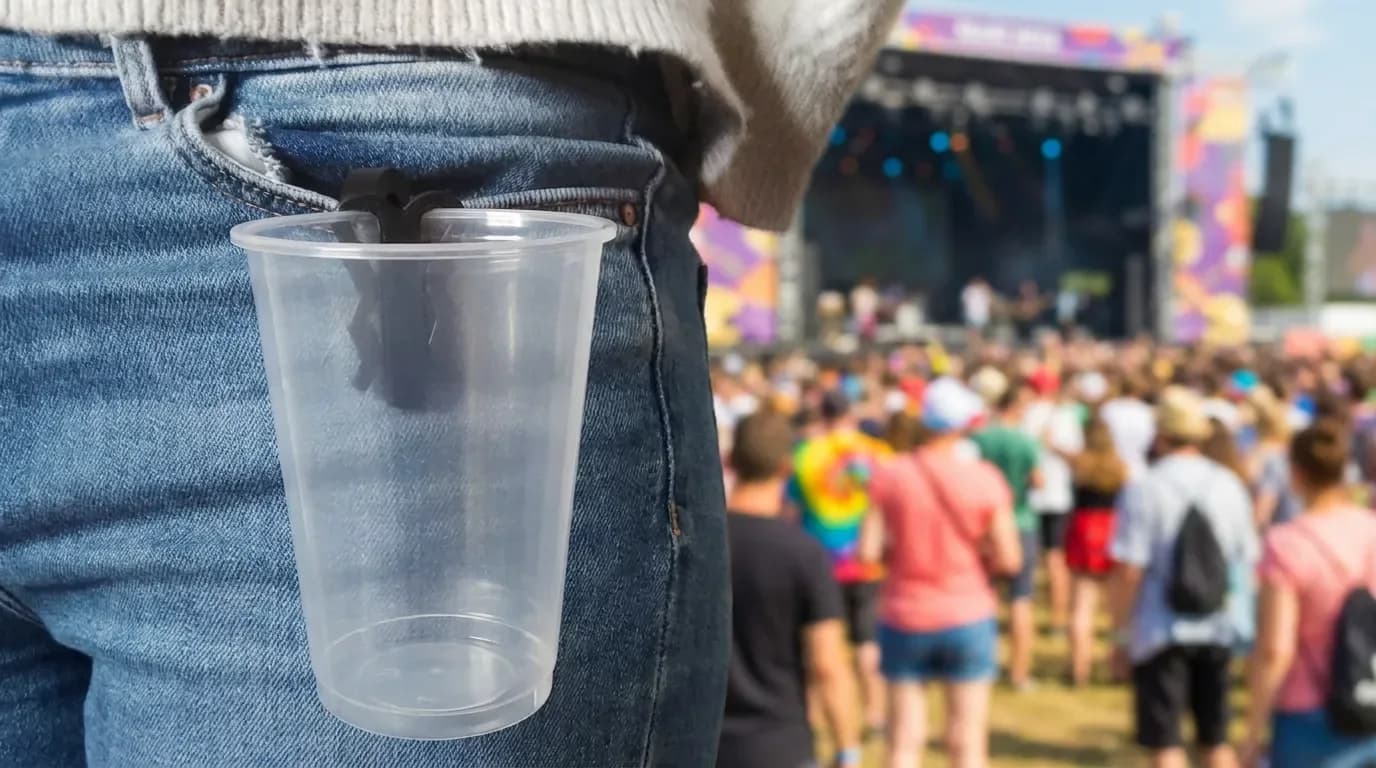 Festiclip bekerhouder met beker gemonteerd aan een broeksband
